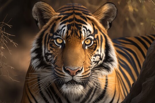 ranthambore male tiger in the wild Fine art image portrait of wild male bengal tiger up close with eye contact at ranthambore national park or tiger reserve rajasthan india panthera tigris. Generative