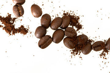 Coffee beans isolated and coffee powder on white background