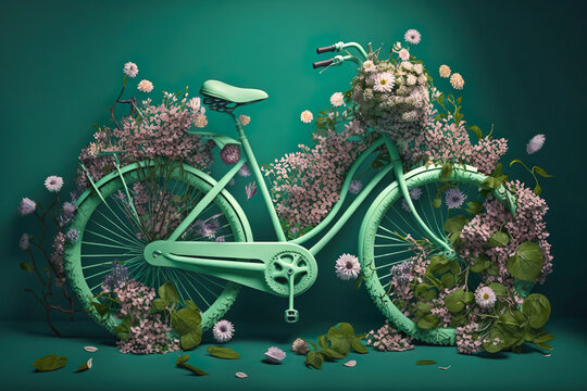 Retro bicycle with flowers against green background. Florist or spring bloom banner. Generative Ai.