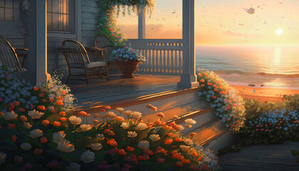 Ai Generated, View of seaside outdoor summer ambience, Sunset morning with flowers.