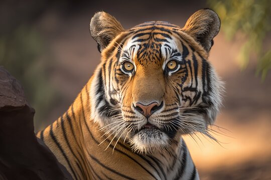 ranthambore male tiger in the wild Fine art image portrait of wild male bengal tiger up close with eye contact at ranthambore national park or tiger reserve rajasthan india panthera tigris. Generative