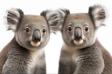 Portrait of Koala bears, Phascolarctos cinereus, 4 years old and 9 months old, in front of a white background. Generative AI