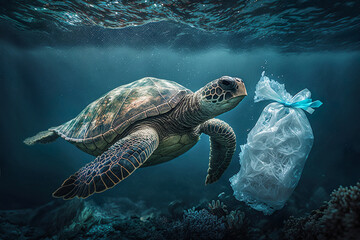 Obraz premium Plastic pollution in ocean environmental problem. Turtles with plastic bag. Generative Ai