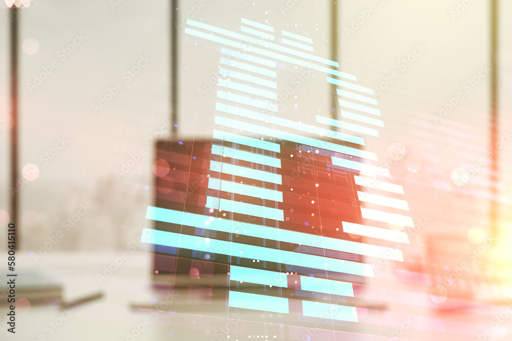 Poster Double exposure of creative Bitcoin symbol hologram with computer on background. Mining and blockchain concept