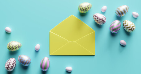 Open envelope surrounded by easter eggs.3d rendering.