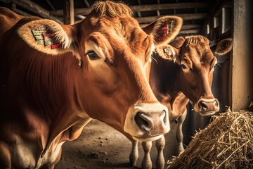 Red jersey cows stand in a stall and eat hay. Dairy farm animals as a business. Generative AI