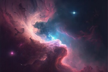 Fototapeta na wymiar Space with shining stars, stardust and nebula. Realistic cosmos. Colorful galaxy illustration. Bright futuristic background. Generative AI.