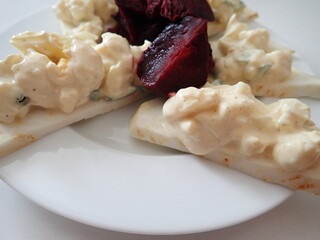 slack with slices with spread and beetroot