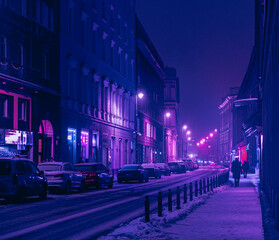 Cyber futuristic color on the street of Warsaw in December at night. 