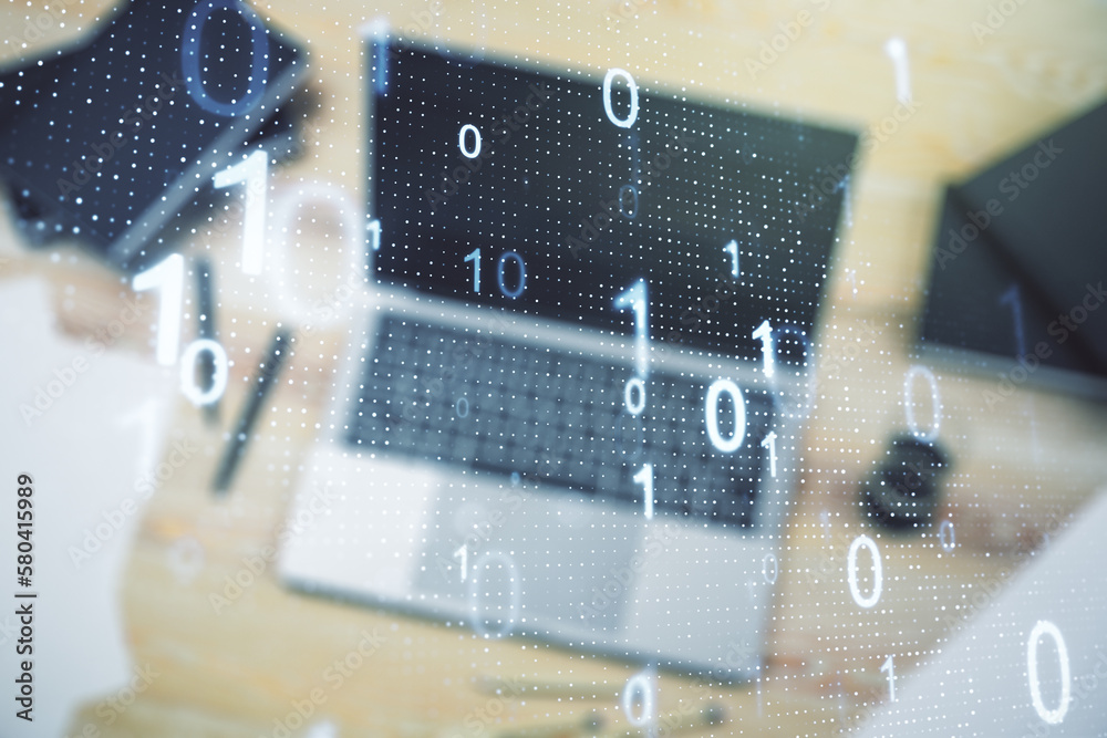 Fototapete creative concept of binary code illustration on modern laptop background. big data and coding concep