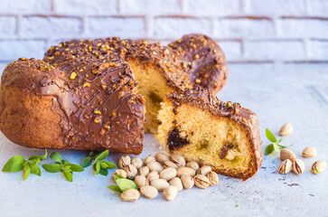 Traditional Italian Easter Dove Bread with chocolate and 
pistachio 