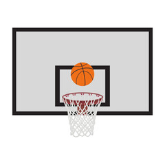 Sports equipment. Basketball hoop with net and ball, flat vector illustration.