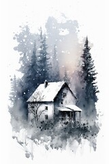 illustration, house among the snowy trees, ai generative
