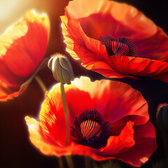 Red poppies in bright sunlight. Close up image. Generative AI