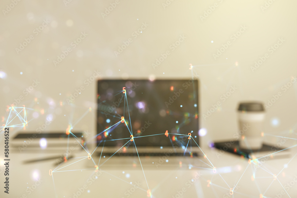 Aufkleber Creative abstract wireless technology hologram on modern computer background, artificial intelligence and machine learning concept. Multi exposure