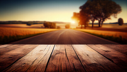 Naklejka na ściany i meble country road, wooden table with blurred background, Generative AI