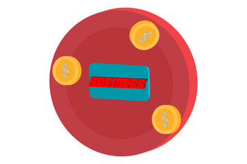 three gold coins with a dollar sign and a blue rectangle and with a red inscription "business" on the background of a red token