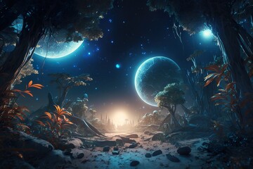 Obraz na płótnie Canvas Stunning Night extraterrestrial scene. Huge mountains against Starry sky. Fantasy landscape. Alien planet. Photorealistic Generative AI illustration.