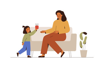Daughter gives to her mother gift box on Mother's day holiday. Parent receives present from her child on birthday. Vector illustration