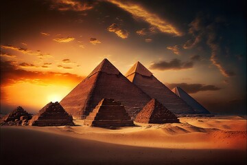Beautiful pyramids against the backdrop of sunset and magnificent clouds AI