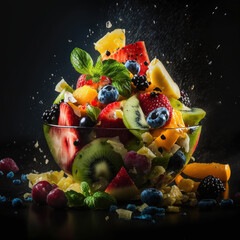 Fototapeta na wymiar Fresh fruit salad on bowl. Salad with berries on dark background. 