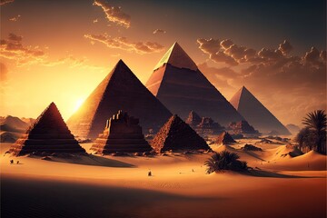 Fototapeta na wymiar Beautiful pyramids against the backdrop of sunset and magnificent clouds AI