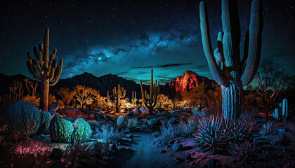 Fototapeta na wymiar Bioluminescent Sonoran desert at night with cactus and mountains by generative AI