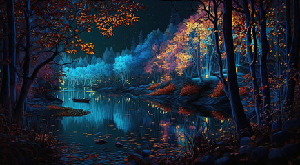 Bioluminescent forest lake at night by generative AI