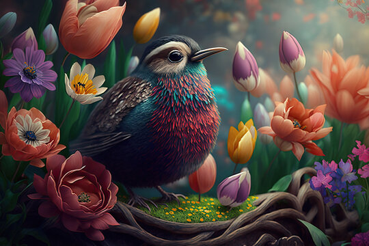 Bunter Vogel in bl&uuml;henden Blumen im Fr&uuml;hling
Generative Ai