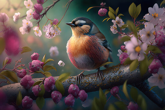 Bunter Vogel auf Ast im bl&uuml;henden Baum im Fr&uuml;hling
Generative Ai