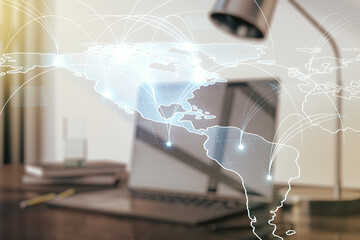 Double exposure of abstract digital world map with connections on computer background, big data and blockchain concept