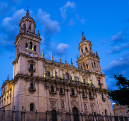 Fototapeta premium Main facade of the Cathedral of Jaen at night, one of the masterpieces of Spanish Baroque.