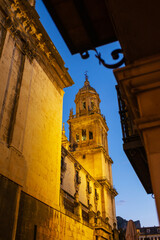 Fototapeta na wymiar Bell tower of the Cathedral of Jaen at night, one of the masterpieces of Spanish Baroque.