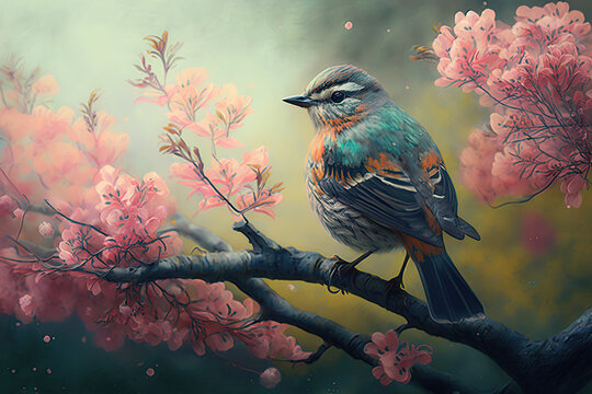 Bunter Vogel auf Ast im bl&uuml;henden Baum im Fr&uuml;hling
Generative Ai
