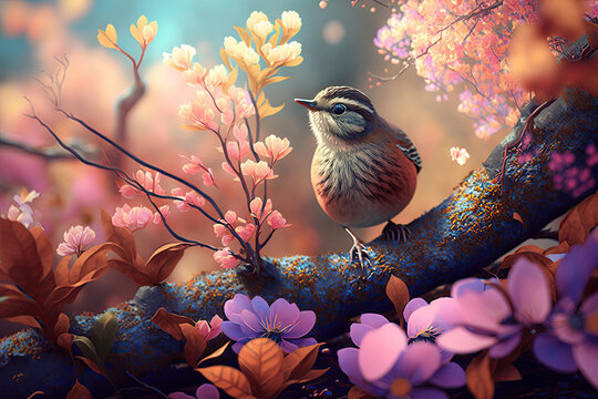 Bunter Vogel auf Ast im bl&uuml;henden Baum im Fr&uuml;hling
Generative Ai