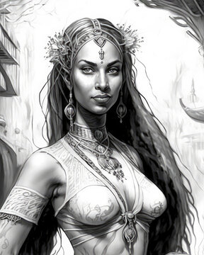 Jinn or Genie, female genie in illustrated pen and ink style from ai, fantasy, beautiful women
