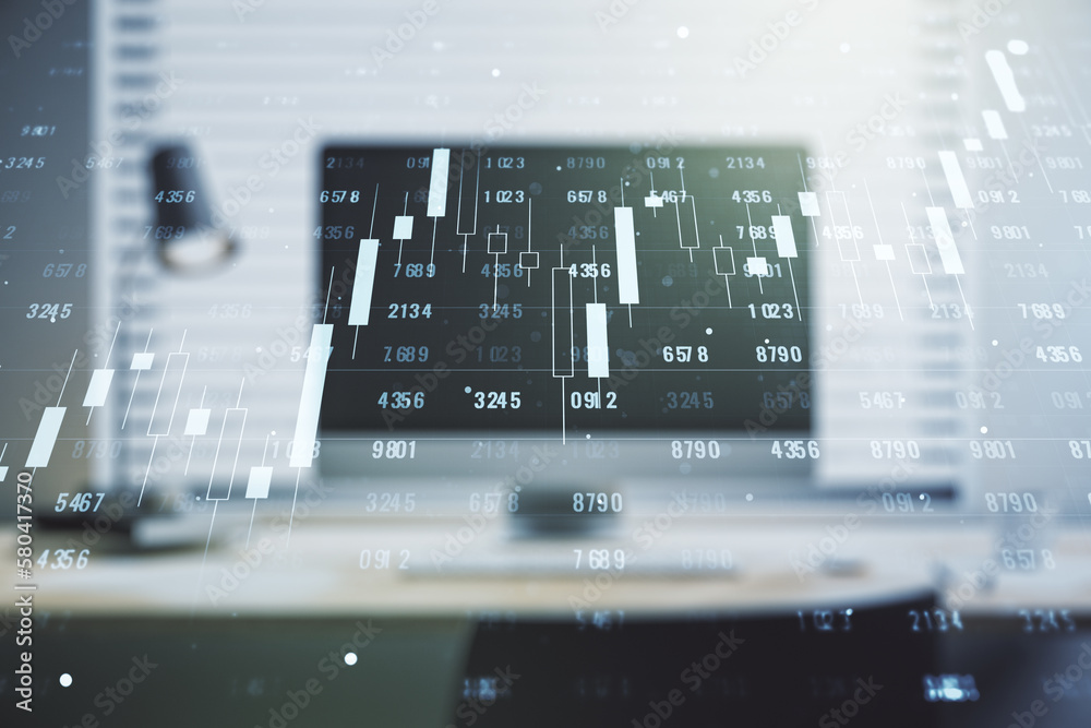 Poster multi exposure of abstract statistics data hologram interface on computer background, computing and 