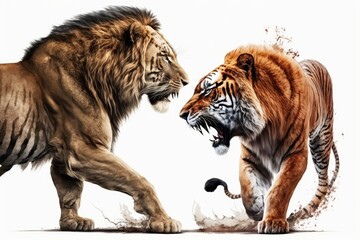Side view of a roaring lion and tiger ready to fight, on a white background. Generative AI