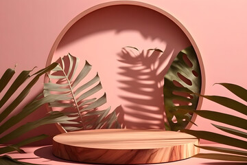 Wood round empty platform display with pink background and tropical palm leaves, light, shadow for product showcase, copy space, advertising, design