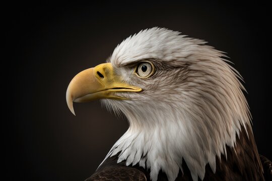 Side view of a Bald Eagle up close (Haliaeetus leucocephalus). Bird of prey head portrait with copy space on a black background. Generative AI