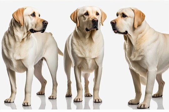 Set of pictures of a big, cute purebred dog called a Labrador that is standing alone on a white background. The idea of movement, beauty, a vet, a breed, action, pets loving each other, and animal lif