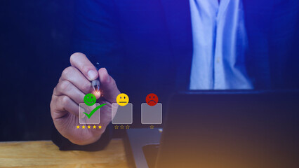 Businessman choosing happy smile face icon. feedback rating and positive customer review experience, satisfaction survey. mental health assessment.