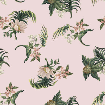 Seamless pattern with tropical leaves, plants and flowers. Vector.