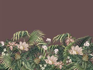 Border with tropical leaves, plants and flowers. Vector.