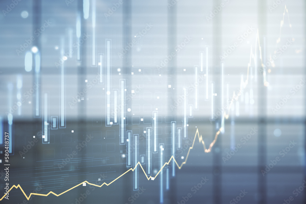 Poster multi exposure of virtual creative financial chart hologram on empty modern office background, resea