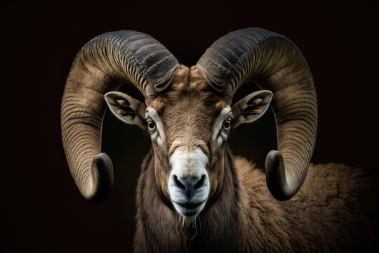Portrait of a ram with big horns, mouflon, wild ram, mountain sheep, animal with horns, copy space. Generative AI