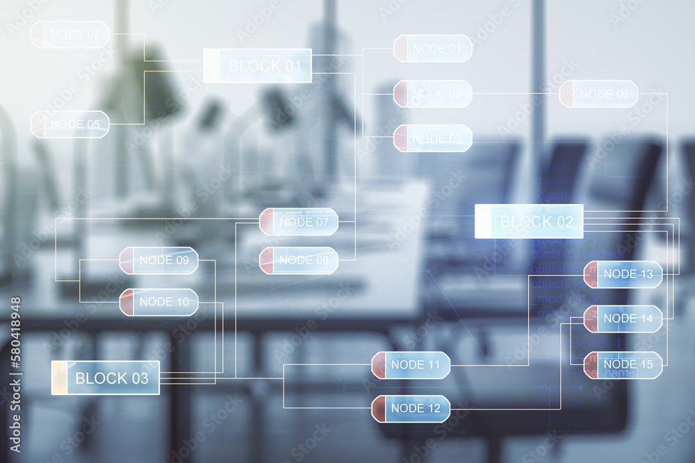 Poster abstract virtual coding concept on a modern furnished office background. multiexposure