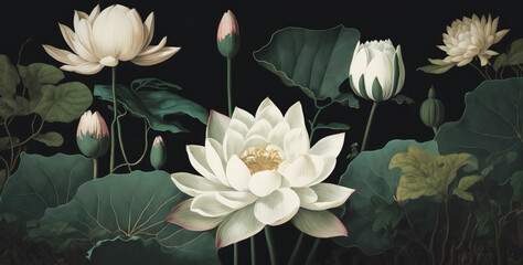 Vintage botanical lotus flower and green leaves on black background. Horticulture. Generated AI. High quality illustration