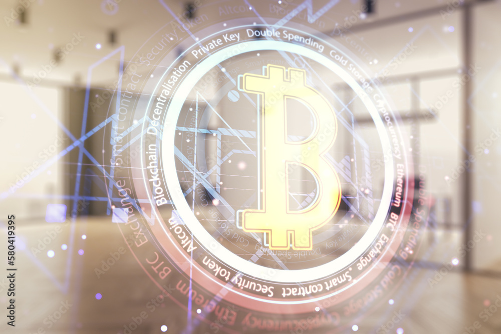 Poster Double exposure of creative Bitcoin symbol hologram on a modern furnished office interior background. Mining and blockchain concept