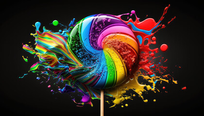 Runder Lollipop mit Farbspritzern in den Farben der Regenbogenflagge der LGBT-Bewegung (Lesbian, Gay, Bisexual and Transgender). (Generative AI)